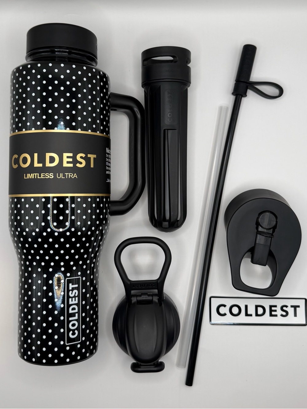 Coldest Limitless Ultra 46 oz ✨BLACK DRESS✨Polka Dot Tumbler w/All Accessories